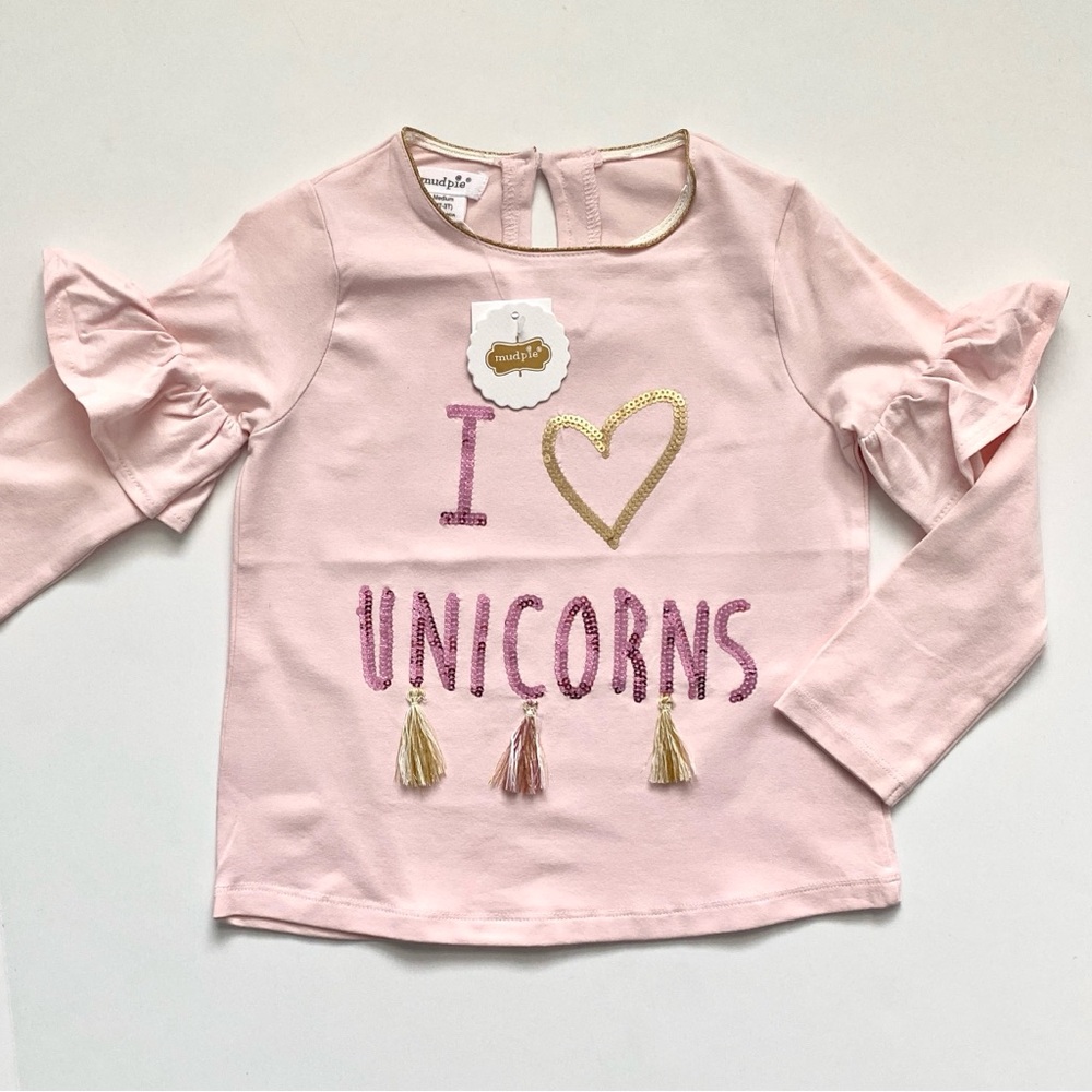 NWT 2T-3T Mud Pie Pink “I Love Unicorns” Long Sleeve Shirt with Tassels